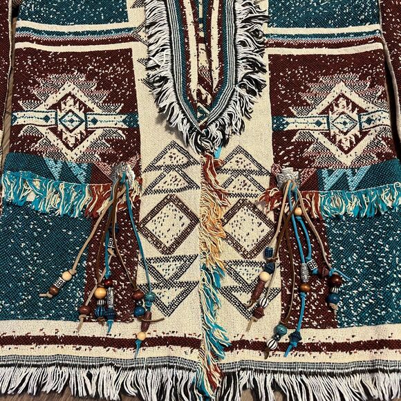 Aztec Wrapper Native American Indian Vintage Tapestry Fringe Sweater NWOT - Picture 4 of 12